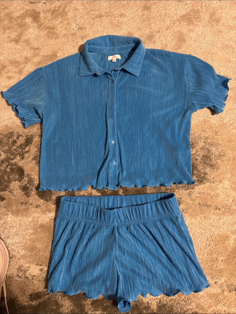 Colsie Blue Ribbed Two-Piece Set - Button Front Top & Shorts